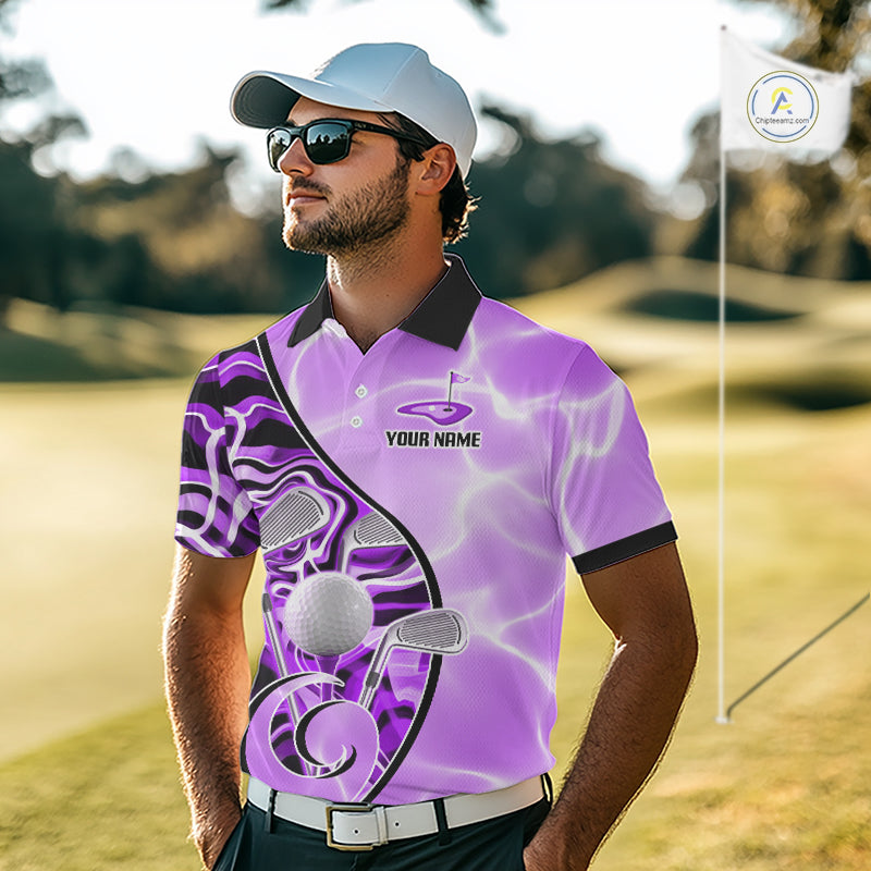 Mens Golf Polo Shirt Holographic Marble Golf Pattern For Team, Golf Attire For Men|Purple NBT727