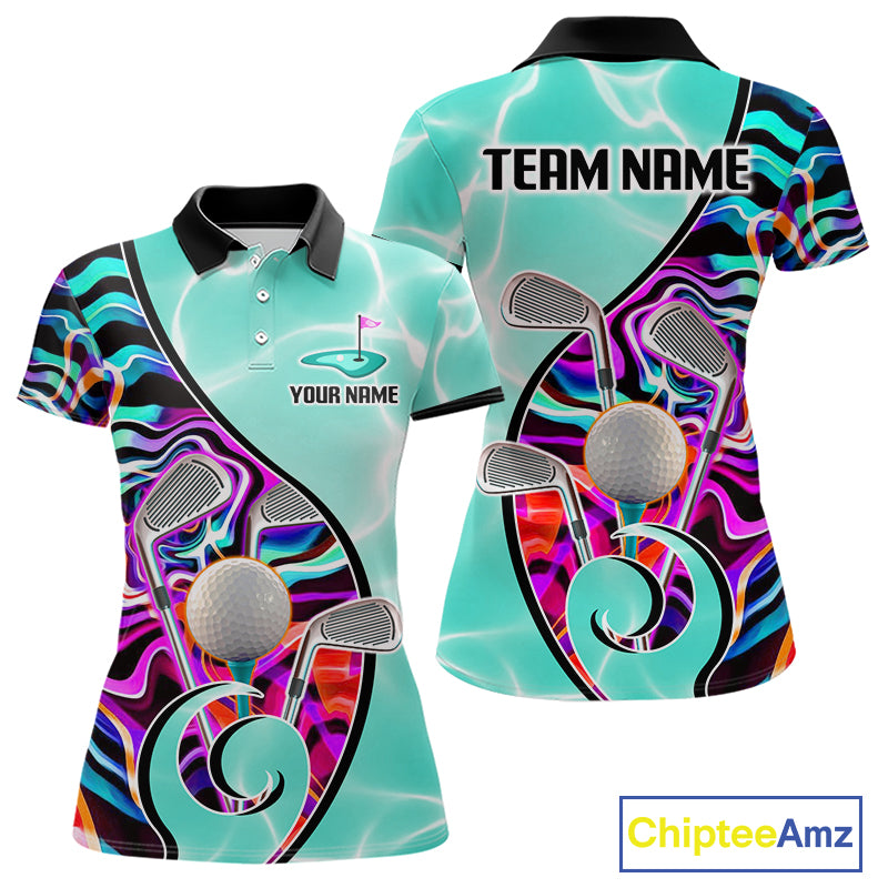 Womens Golf Polo Shirt Holographic Marble Golf Pattern For Team, Golf Attire For Women|Turquoise NBT728
