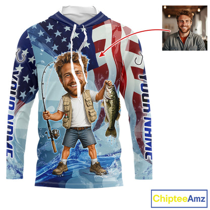 Custom Photo Funny Bass Fishing Shirts Long Sleeve Hooded American Flag For Men, Funny Bass Fishing Team|Blue NBT730