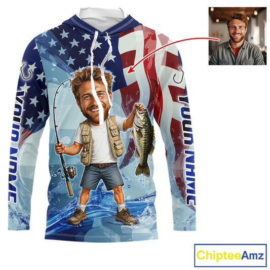 Custom Photo Funny Bass Fishing Shirts Long Sleeve Hooded American Flag For Men, Funny Bass Fishing Team|Blue NBT730