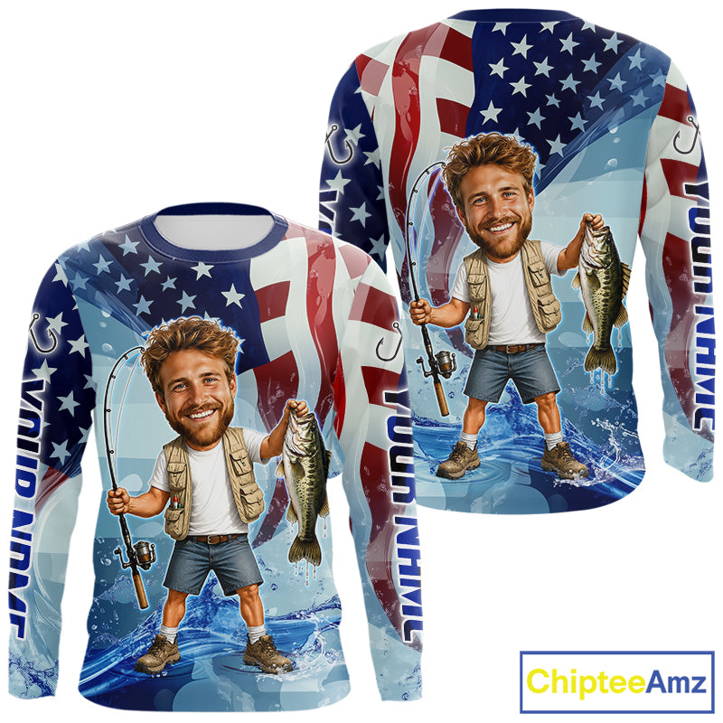 Custom Photo Funny Bass Fishing Shirts Long Sleeve American Flag For Men, Funny Bass Fishing Team|Blue NBT730