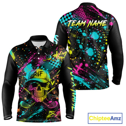 Golf Skull Graffiti Mens Golf Polo Shirt front and back view - streetwear skull graffiti design, breathable polyester fabric, long sleeve Polo tailored fit, custom team shirt