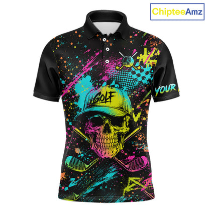 Golf Skull Graffiti Mens Golf Polo Shirt front view - streetwear skull graffiti design, breathable polyester fabric, short sleeve Polo tailored fit, custom team shirt