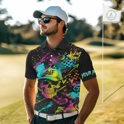 Man wearing Golf Skull Graffiti Golf Polo Shirt on golf course, streetwear skull graffiti design, tailored fit breathable polyester, custom team shirt