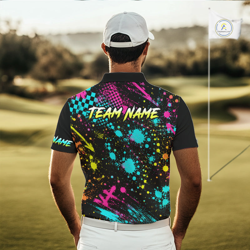 Man wearing Golf Skull Graffiti Golf Polo Shirt on golf course, streetwear skull graffiti design, tailored fit breathable polyester, custom team shirt