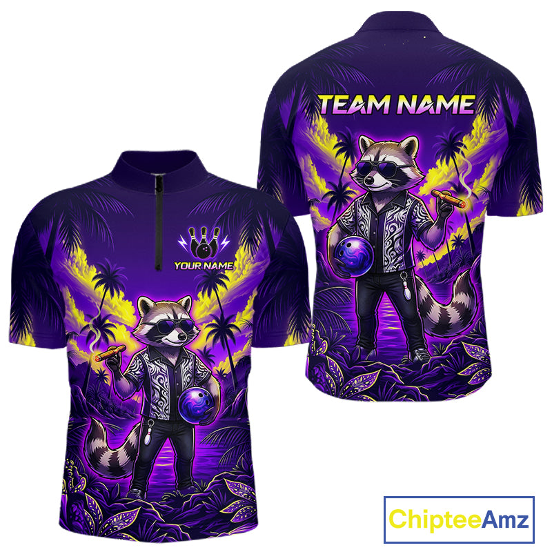 Funny Cool Raccoon Bowling Ball Shirt For Men Custom Blue Tropical Team Jersey Bowling League NBT903