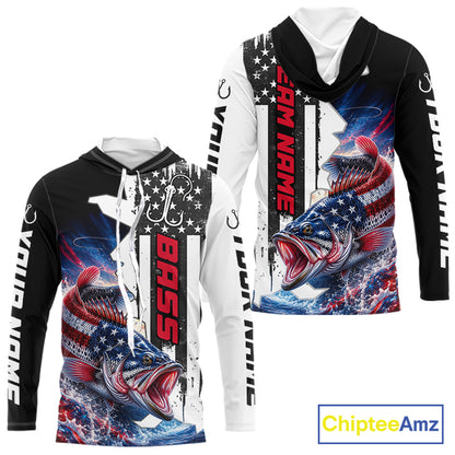 Front and back view of custom American flag bass long sleeve hooded fishing shirt, blue camo team jersey
