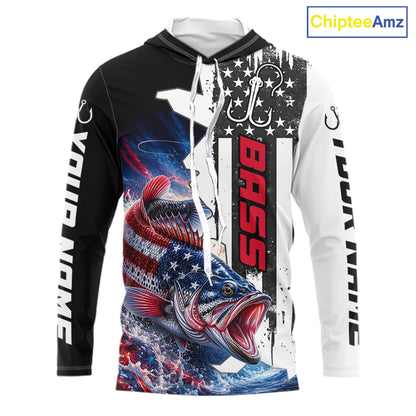 Front view of custom American flag bass long sleeve hooded fishing shirt with patriotic black camo