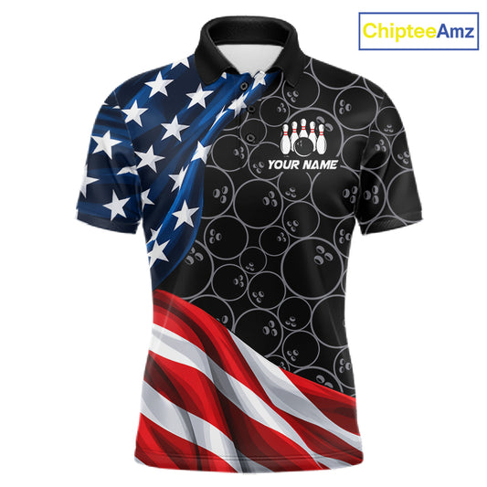 Personalized American Flag Black Bowling Team Shirts For Men Patriotic Bowling Gifts NBT1053