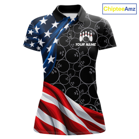 Personalized American Flag Black Bowling Team Shirts For Women Patriotic Bowling Gifts NBT1053