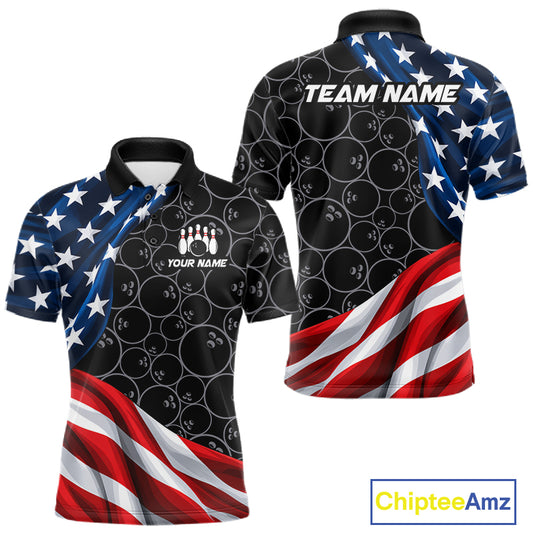 Personalized American Flag Black Bowling Team Shirts For Men Patriotic Bowling Gifts NBT1053