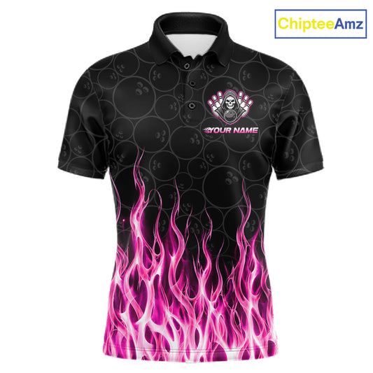 Custom Pink Fire Flame Grim Reaper Skull Bowling Men Polo & 1/4 Quarter Zip Shirt, Halloween Outfit NBT1054