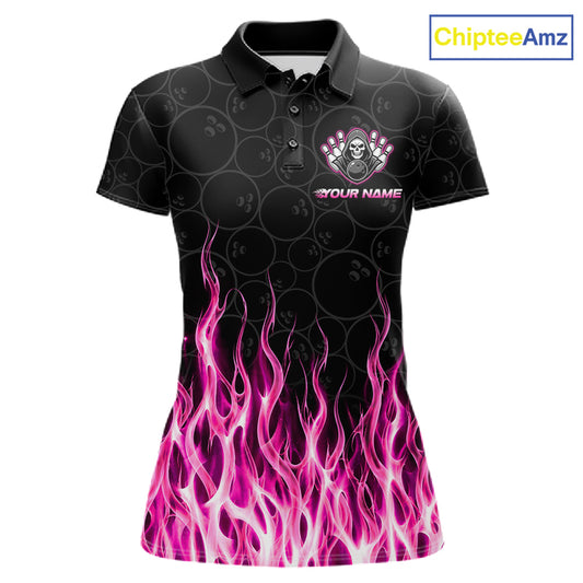 Custom Pink Fire Flame Grim Reaper Skull Bowling Women Polo & 1/4 Quarter Zip Shirt, Halloween Outfit NBT1054