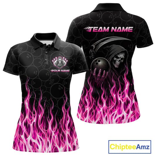 Custom Pink Fire Flame Grim Reaper Skull Bowling Women Polo & 1/4 Quarter Zip Shirt, Halloween Outfit NBT1054