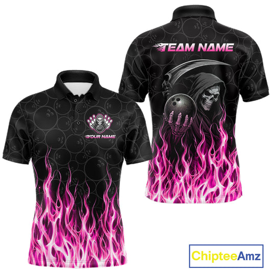 Custom Pink Fire Flame Grim Reaper Skull Bowling Men Polo & 1/4 Quarter Zip Shirt, Halloween Outfit NBT1054