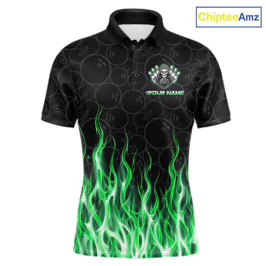Custom Green Fire Flame Grim Reaper Skull Bowling Men Polo & 1/4 Quarter Zip Shirt, Halloween Outfit NBT1055