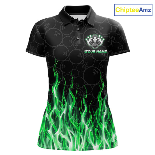 Custom Green Fire Flame Grim Reaper Skull Bowling Women Polo & 1/4 Quarter Zip Shirt, Halloween Outfit NBT1055