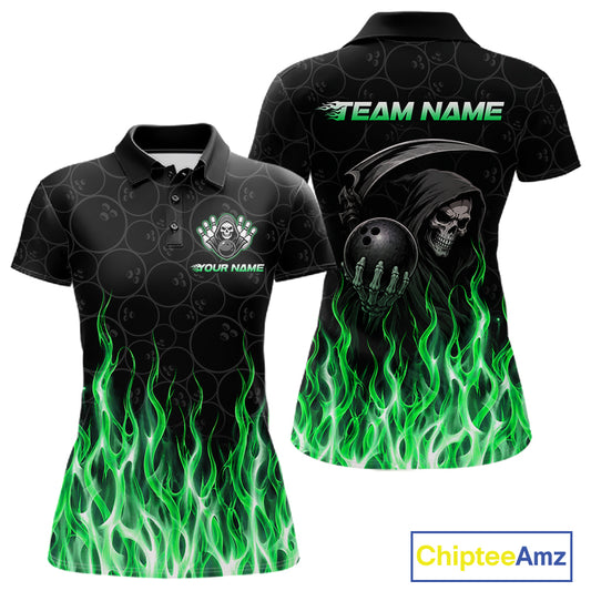 Custom Green Fire Flame Grim Reaper Skull Bowling Women Polo & 1/4 Quarter Zip Shirt, Halloween Outfit NBT1055