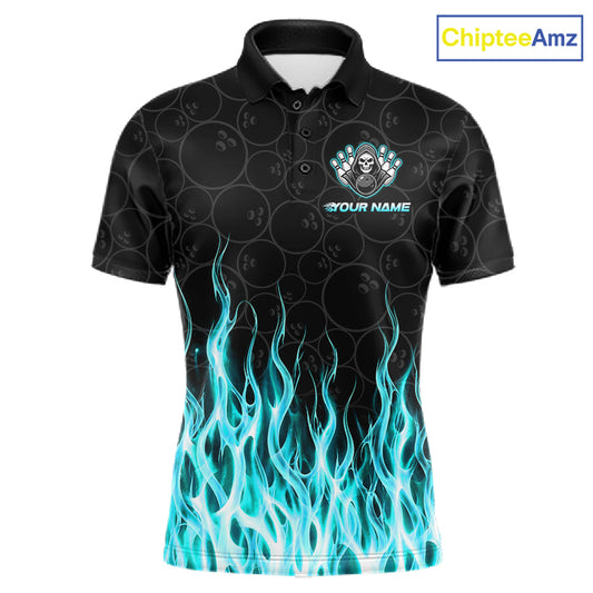 Custom Turquoise Fire Flame Grim Reaper Skull Bowling Men Polo & 1/4 Quarter Zip Shirt, Halloween Outfit NBT1056