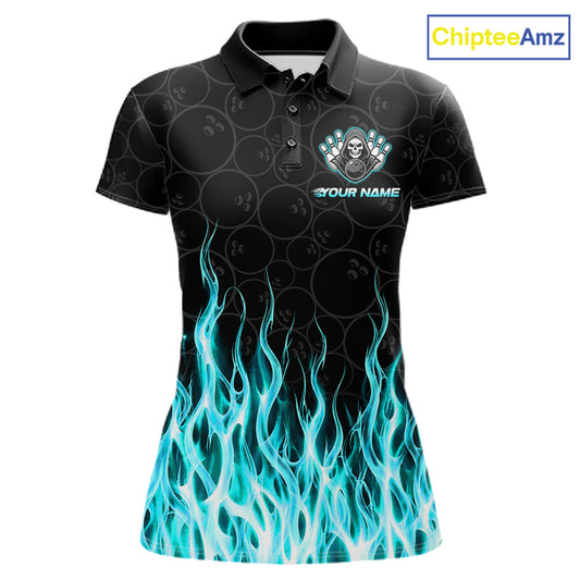 Custom Turquoise Fire Flame Grim Reaper Skull Bowling Women Polo & 1/4 Quarter Zip Shirt, Halloween Outfit NBT1056