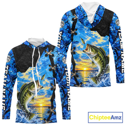 Custom Name Blue Camo Bass Fishing Jerseys, Largemouth Bass Long Sleeve Hooded Fishing Shirt NBT1169
