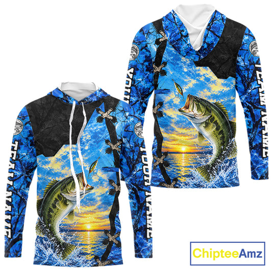Custom Name Blue Camo Bass Fishing Jerseys, Largemouth Bass Long Sleeve Hooded Fishing Shirt NBT1169