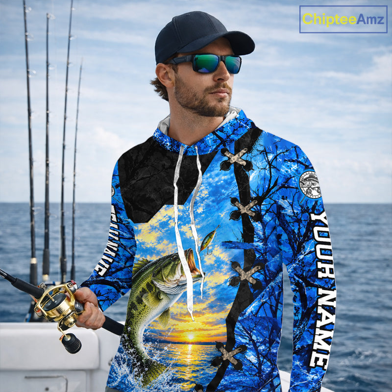 Custom Name Blue Camo Bass Fishing Jerseys, Largemouth Bass Long Sleeve Hooded Fishing Shirt NBT1169