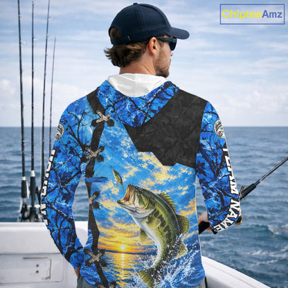 Custom Name Blue Camo Bass Fishing Jerseys, Largemouth Bass Long Sleeve Hooded Fishing Shirt NBT1169