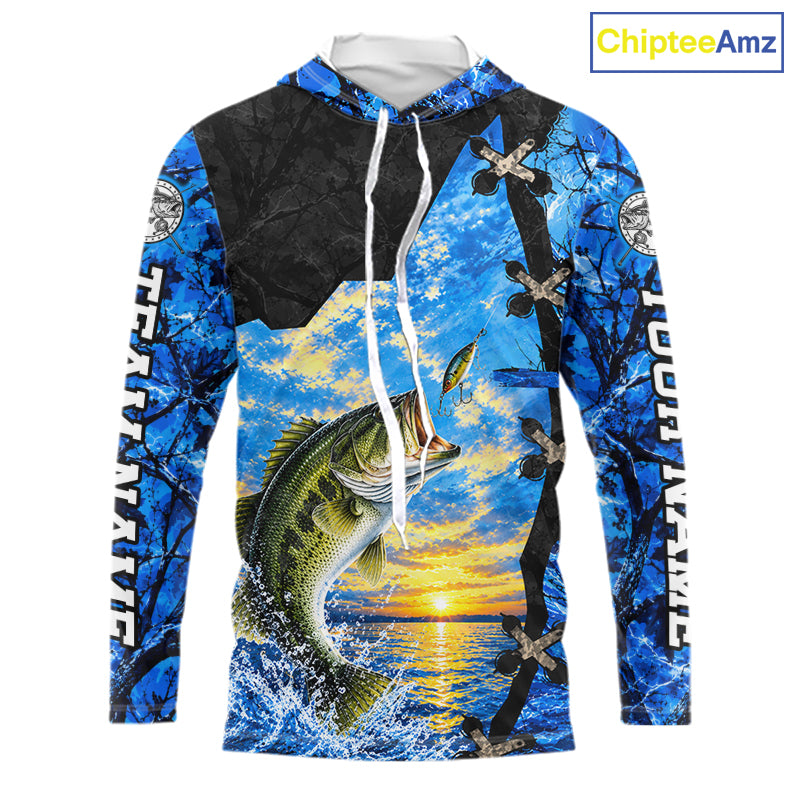 Custom Name Blue Camo Bass Fishing Jerseys, Largemouth Bass Long Sleeve Hooded Fishing Shirt NBT1169