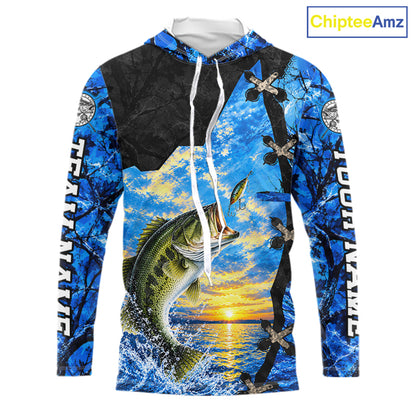 Custom Name Blue Camo Bass Fishing Jerseys, Largemouth Bass Long Sleeve Hooded Fishing Shirt NBT1169