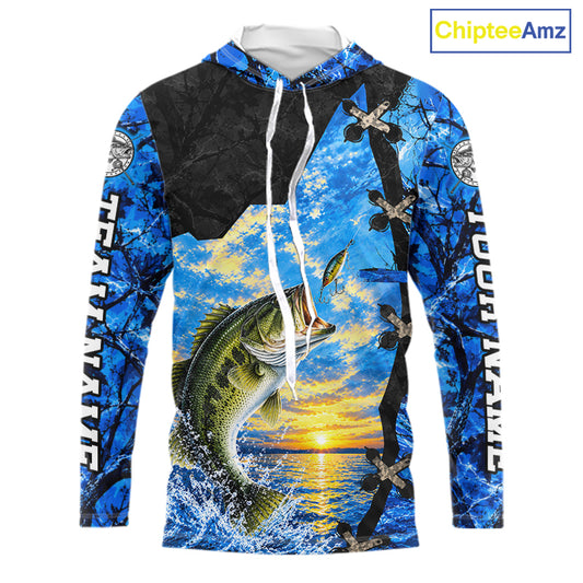 Custom Name Blue Camo Bass Fishing Jerseys, Largemouth Bass Long Sleeve Hooded Fishing Shirt NBT1169