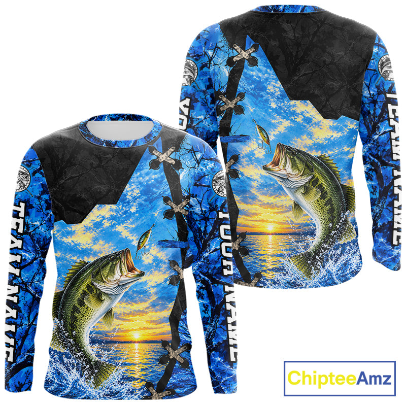 Custom Name Blue Camo Bass Fishing Jerseys, Largemouth Bass Long Sleeve Fishing Shirt NBT1169