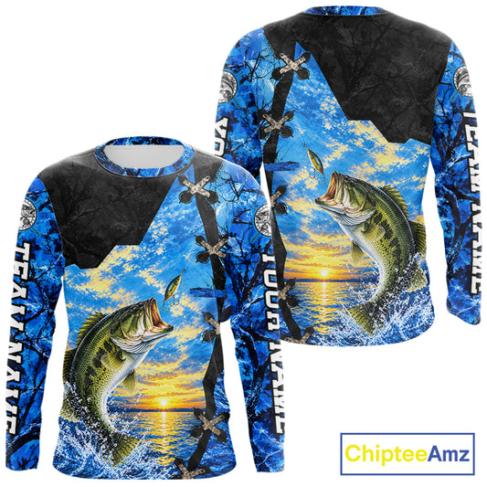 Custom Name Blue Camo Bass Fishing Jerseys, Largemouth Bass Long Sleeve Fishing Shirt NBT1169