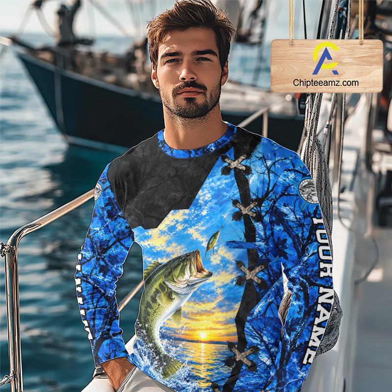 Custom Name Blue Camo Bass Fishing Jerseys, Largemouth Bass Long Sleeve Fishing Shirt NBT1169