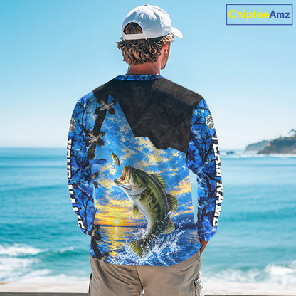 Custom Name Blue Camo Bass Fishing Jerseys, Largemouth Bass Long Sleeve Fishing Shirt NBT1169