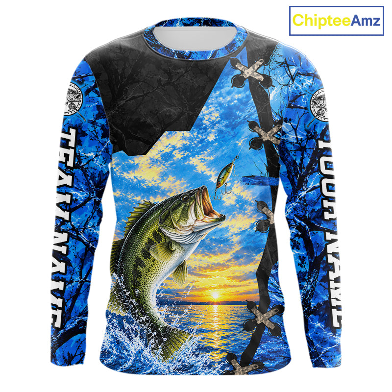 Custom Name Blue Camo Bass Fishing Jerseys, Largemouth Bass Long Sleeve Fishing Shirt NBT1169