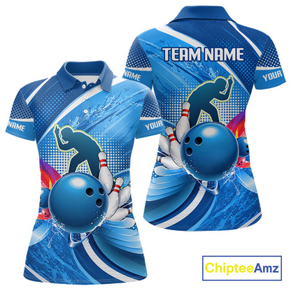 Personalized Blue Bowling Shirts Custom Women Bowling Team Jersey Polo Quarter-Zip Bowling League Shirts NBT1172