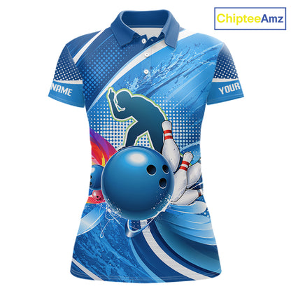 Personalized Blue Bowling Shirts Custom Women Bowling Team Jersey Polo Quarter-Zip Bowling League Shirts NBT1172