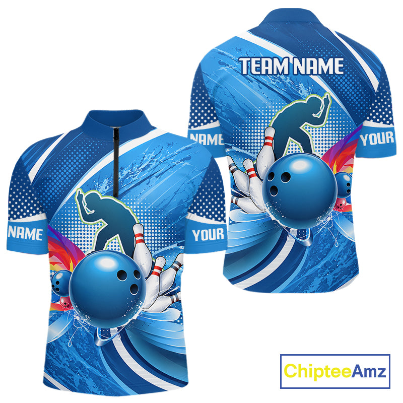 Personalized Blue Bowling Shirts Custom Men Bowling Team Jersey Polo Quarter-Zip Bowling League Shirts NBT1172