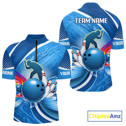 Personalized Blue Bowling Shirts Custom Men Bowling Team Jersey Polo Quarter-Zip Bowling League Shirts NBT1172