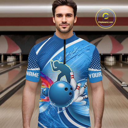 Personalized Blue Bowling Shirts Custom Men Bowling Team Jersey Polo Quarter-Zip Bowling League Shirts NBT1172