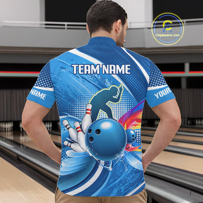 Personalized Blue Bowling Shirts Custom Men Bowling Team Jersey Polo Quarter-Zip Bowling League Shirts NBT1172