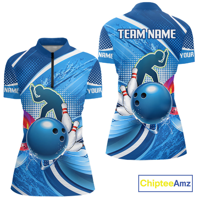 Personalized Blue Bowling Shirts Custom Women Bowling Team Jersey Polo Quarter-Zip Bowling League Shirts NBT1172