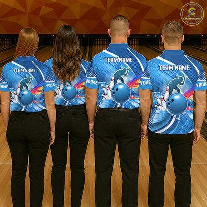Personalized Blue Bowling Shirts Custom Men Bowling Team Jersey Polo Quarter-Zip Bowling League Shirts NBT1172