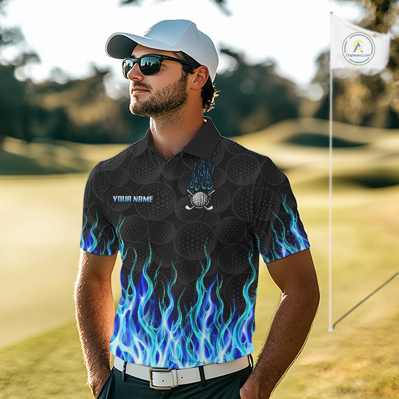 Golf polo shirt blue flame pattern black button detail, breathable fabric cool and comfortable
