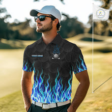 Load image into Gallery viewer, Golf polo shirt blue flame pattern black button detail, breathable fabric cool and comfortable