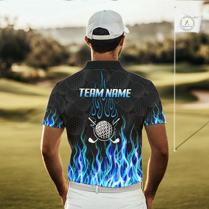 Model wearing golf polo shirt blue flame pattern, breathable cotton fabric on golf course with custom team name