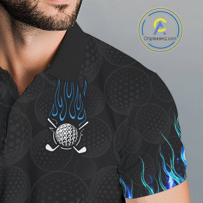 Close-up golf polo shirt blue flame fabric: breathable cotton, quick moisture wicking, no wrinkle