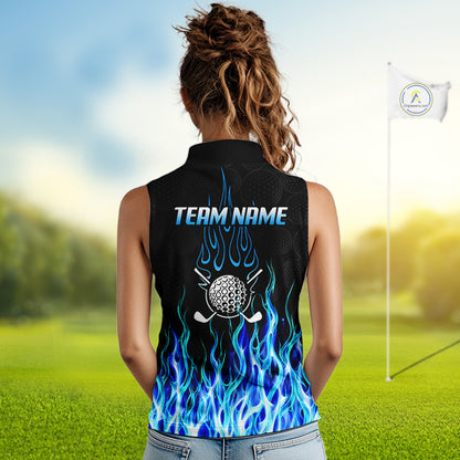 Model wearing sleeveless golf polo shirt blue flame pattern, breathable cotton fabric on golf course