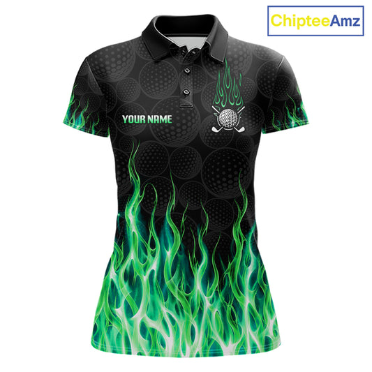 Womens golf polo shirt green flame pattern - front view, custom name available